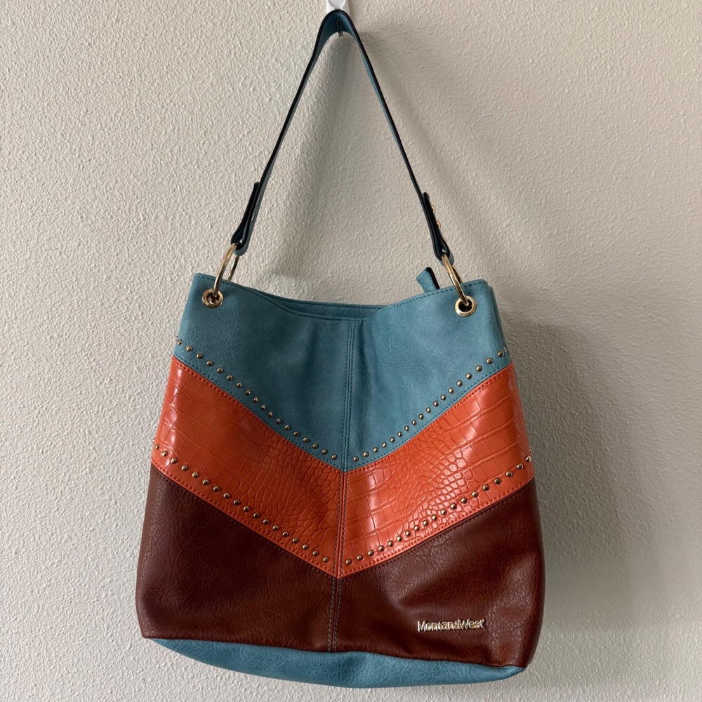 Montana West BOHO Chevron Studded Vegan Leather Hobo Large Single Strap Purse